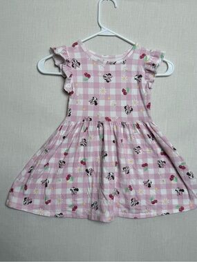 Disney Minnie Mouse Girls Pink Gingham Dress 4T Cherry Daisy Flutter Sleeve